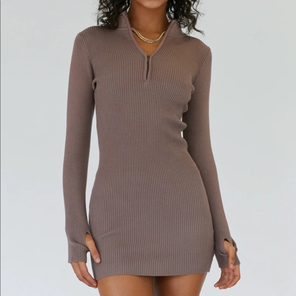 Princess Polly Aubrey mini dress! S/M; beautiful cool tone brown half zip!
